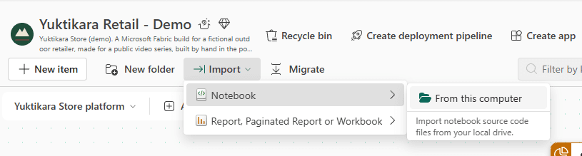The workspace Import menu open at Notebook, then From this computer