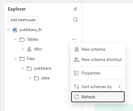 The lakehouse explorer with the Tables menu open and Refresh highlighted; only dbo shows under Tables