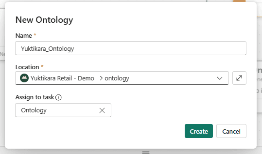 The New Ontology dialog: name Yuktikara_Ontology, location Yuktikara Retail - Demo > ontology, assigned to the Ontology task