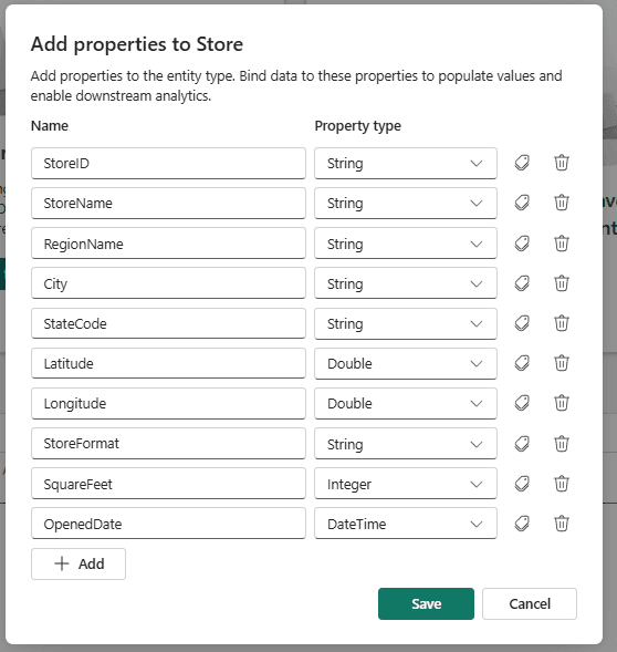 The Add properties to Store dialog listing the ten properties with their types: StoreID String through OpenedDate DateTime