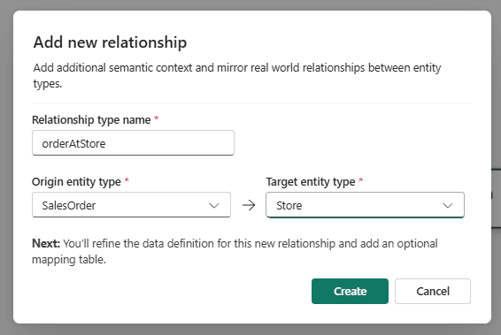 The Add new relationship dialog: relationship type name orderAtStore, origin entity type SalesOrder, target entity type Store