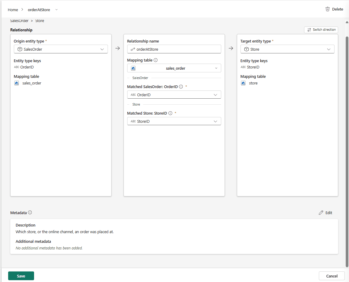 The orderAtStore relationship page: origin SalesOrder with key OrderID, mapping table sales_order, Matched SalesOrder: OrderID set to OrderID, Matched Store: StoreID set to StoreID, target Store with key StoreID, a description under Metadata, and the Save button at the bottom