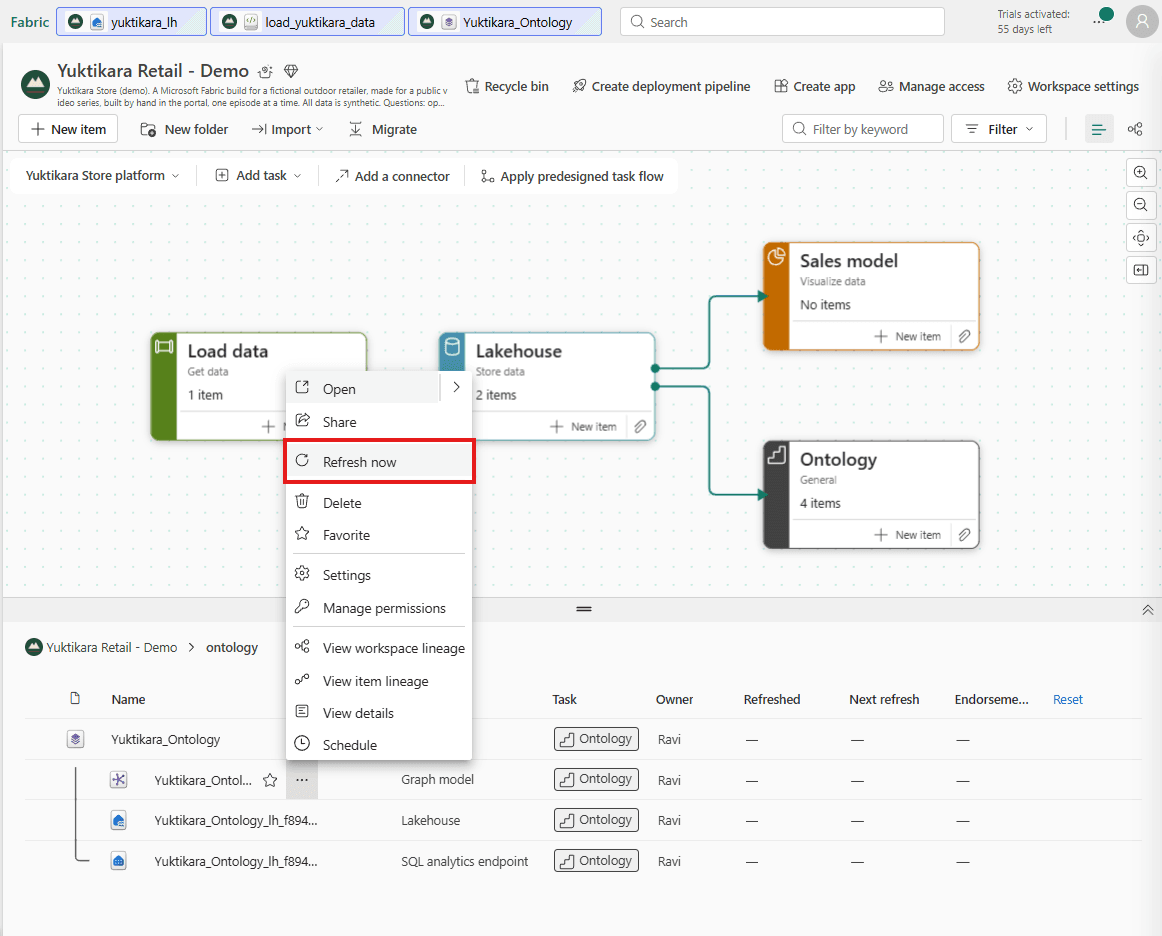 The workspace with the ontology folder open, showing Yuktikara_Ontology and its three child items: a graph model, a lakehouse and a SQL analytics endpoint. The graph model's menu is open with Refresh now highlighted