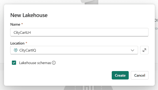 The New Lakehouse dialog with the name CityCartLH entered