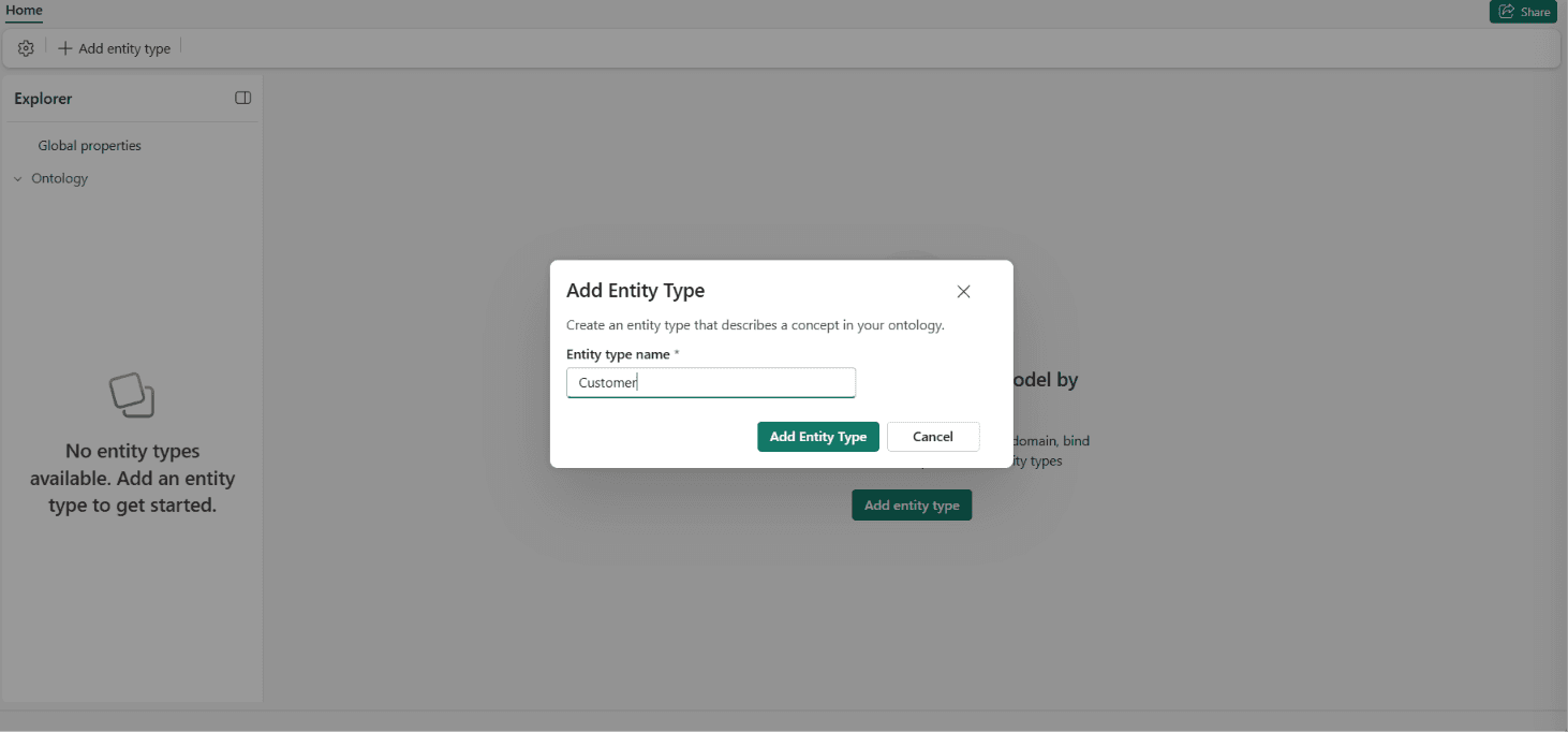The Add Entity Type dialog with the name Customer entered, on an empty ontology canvas