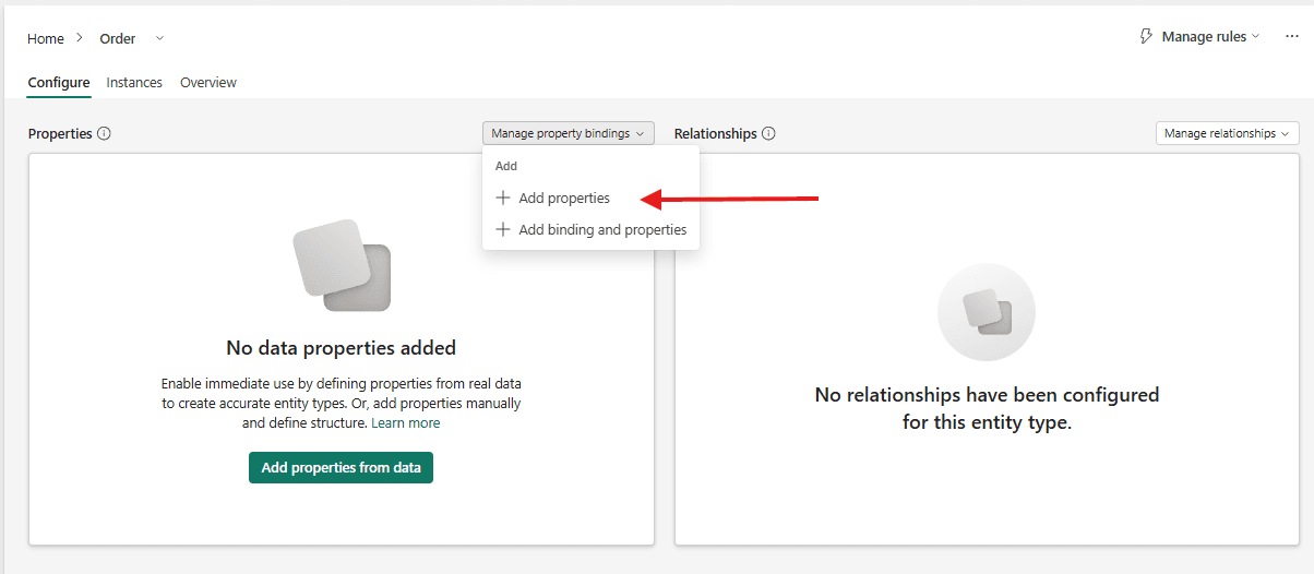 The Customer entity type Configure tab with the Add properties action